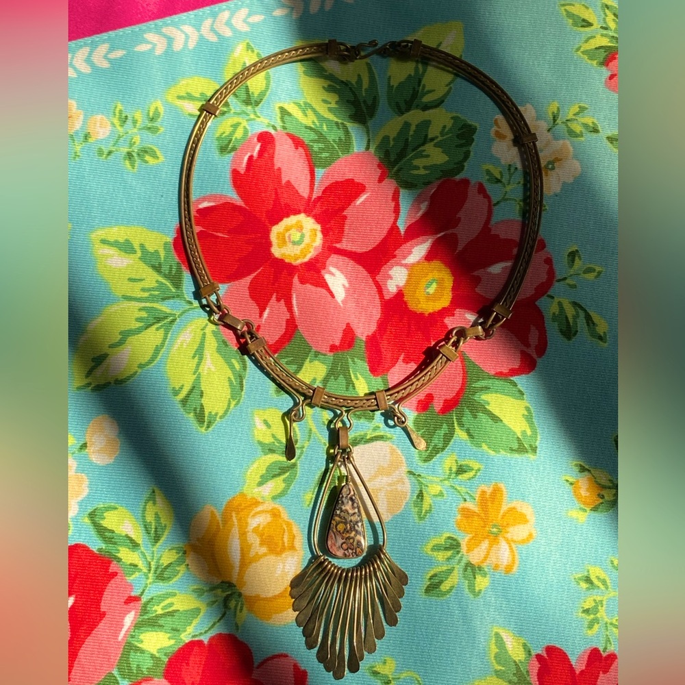 FINAL PRICE Antique bronze articulated necklace teardrop natural stone/tassel